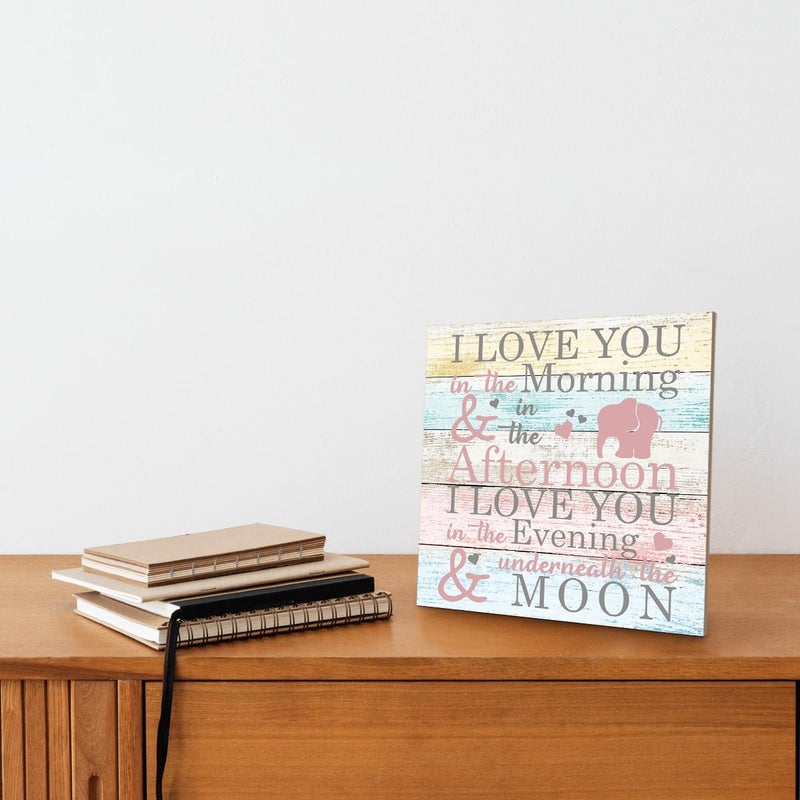 SUSZDOU Love Sign, Wood Plaque Table Art Sign 6.2 * 6.2inch, Elephant Wood Sign for Nursery, Decoration for Baby Girls Room, Daughter's Room Decor, I Love You in the Morning Afternoon Evening & Moon A - Image 4
